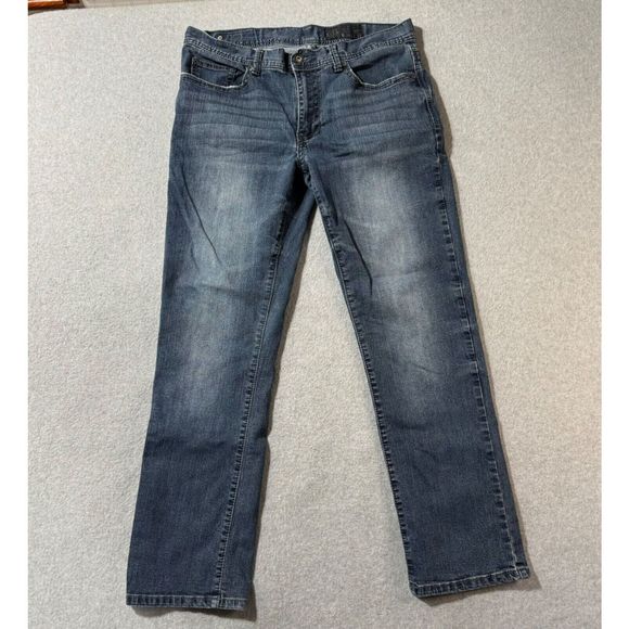 TK Axel Jeans Mens 34x32 Blue Straight Cut Denim Pants Thick Stitch Embroidered - Picture 1 of 13